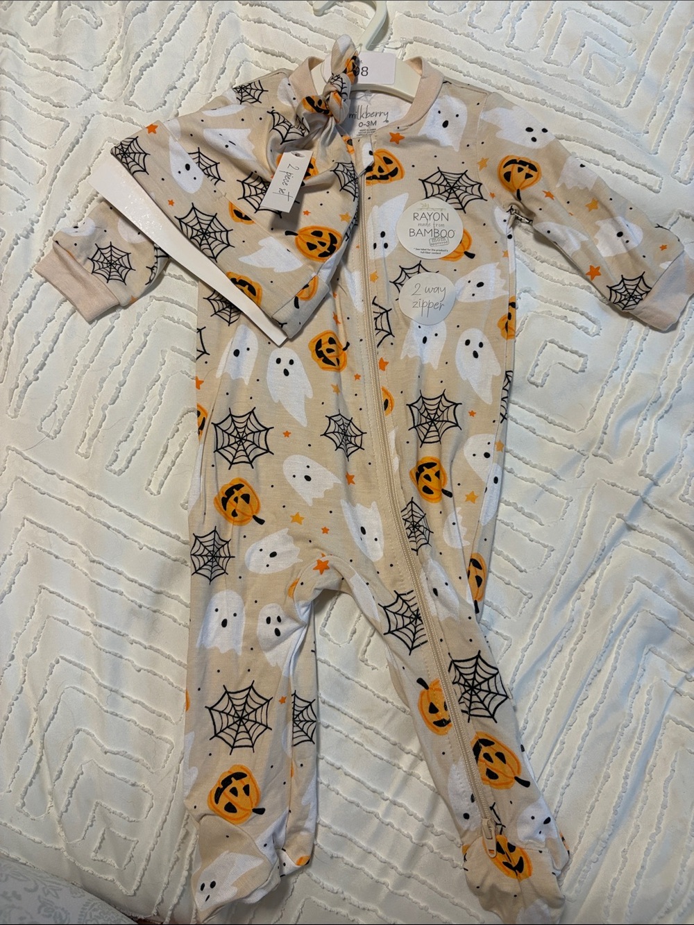 Rayon Bamboo Halloween Ghost & Pumpkin Footed One-Piece - Beige